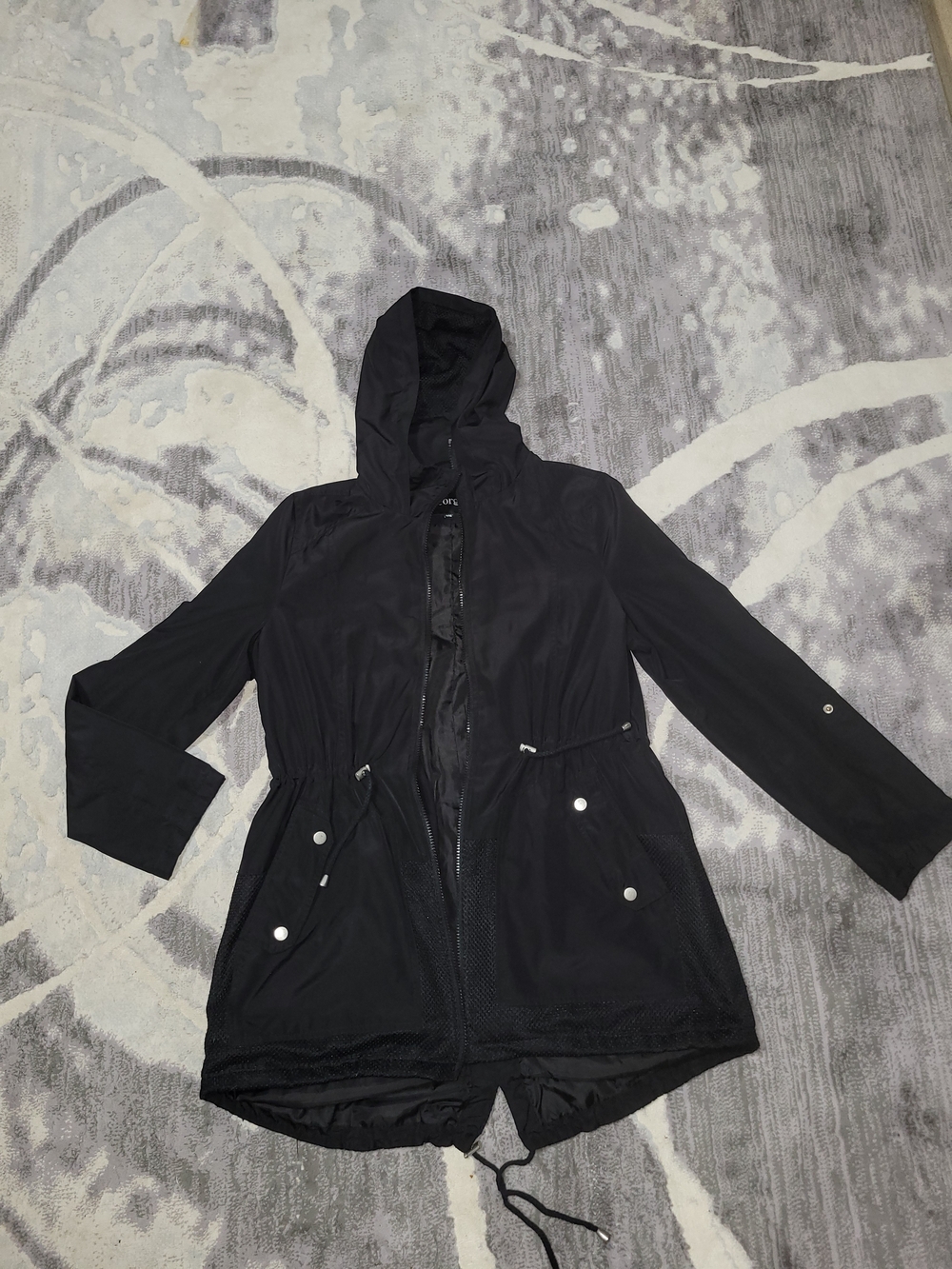 George Black Hooded Spring Coat with Drawcord Waist Size M